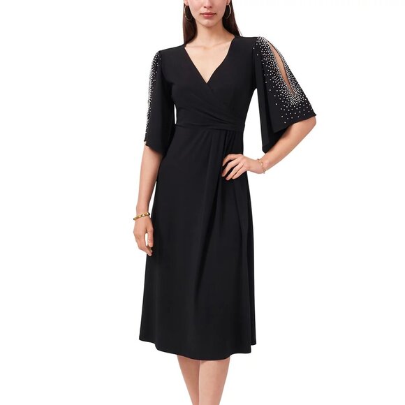 MSK V-Neck Beaded-Sleeve Midi Dress Black Size M - Picture 1 of 4